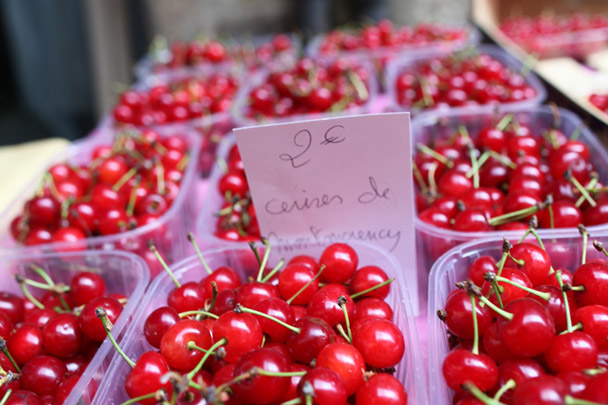<strong>Sour Cherries</strong><br> These sour cherries, grown just north of Paris in Montmorency, traveled south to Le Bugue. Lovers of all things tart can snack on these delicate berries, while sweet tooths may prefer them in a confiture or tart.