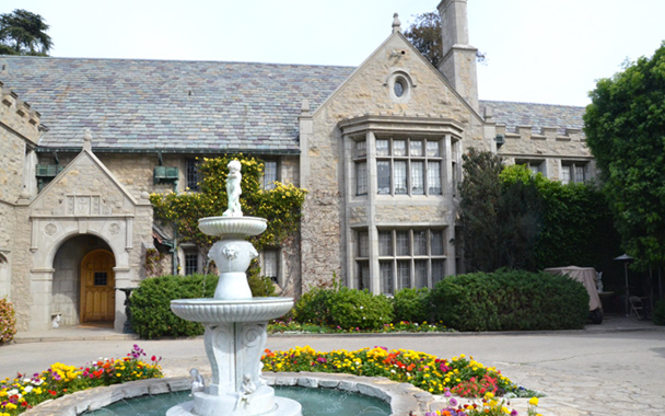 The front entrance of the Playboy Mansion, nestled in the hills of west Los Angeles