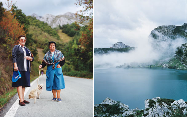 Women walking dog; Mountain scenery.