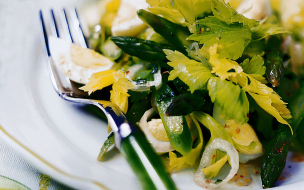Asparagus Salad with Celery Leaves, Quail Eggs, and Tarragon Vinaigrette