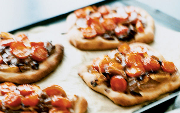 Onion, Tomato, and Olive Pizzas