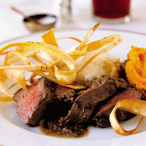 Venison Tenderloin With Madeira Green Peppercorn Sauce and Parsnip Crisps