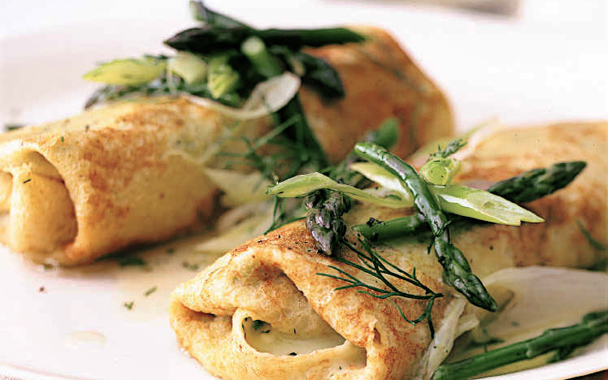 Cheese Matzo Blintzes with Asparagus and Dill