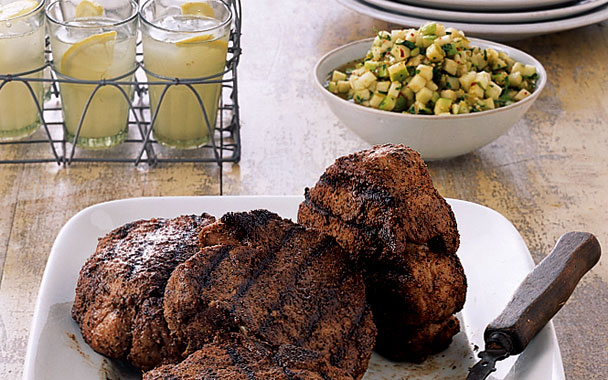 Grilled Monster Pork Chops with Tomatillo and Green Apple Sauce