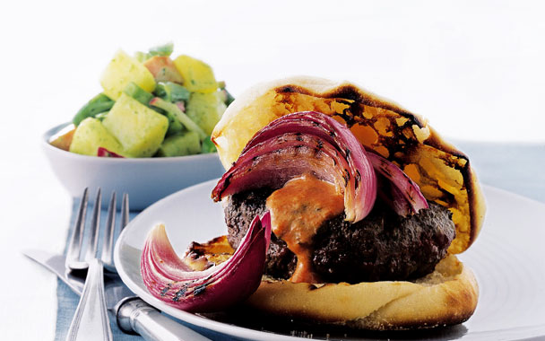 Buffalo Burgers with Pickled Onions and Smoky Red Pepper Sauce