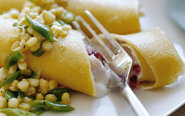 cornmeal crepes with ricotta and ham