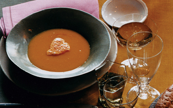 Pumpkin Soup with Red Pepper Mousse