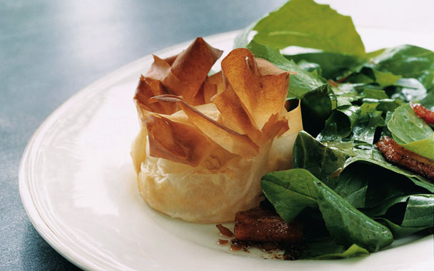 Dandelion Salad with Lardons and Goat Cheese Phyllo Blossoms