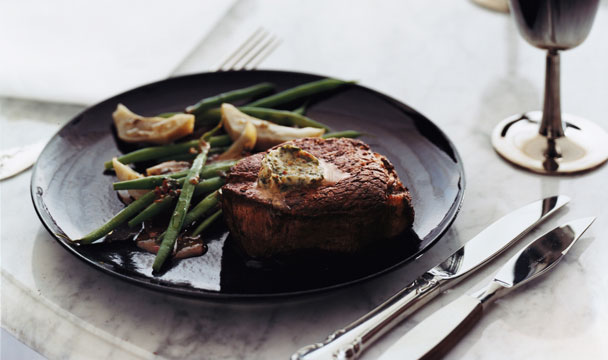 Filets Mignons with Spiced Butter, Glazed Artichokes, and Haricots Verts