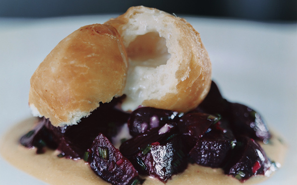 Beet Salad with Almond Butter and Gorgonzola Bomboloni