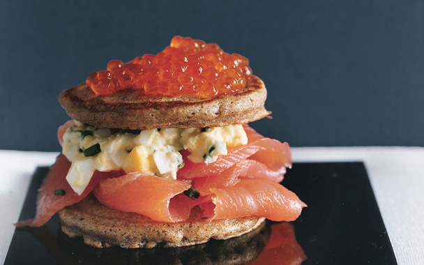 Caviar and Salmon Blini Tortes