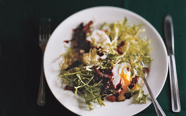 Warm Frisée-Lardon Salad with Poached Eggs in Red-Wine Sauce