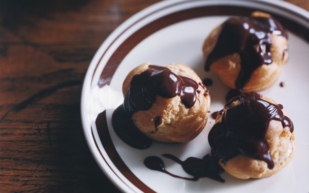 Profiteroles with Coffee Ice Cream and Chocolate Sauce