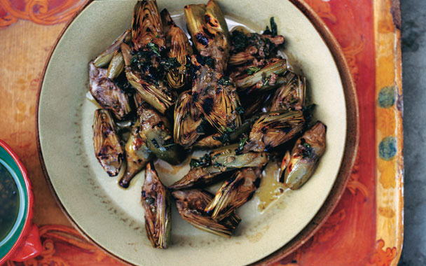 Grilled Baby Artichokes with Caper-Mint Sauce