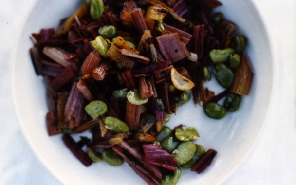 grilled rainbow chard with fava beans and oregano