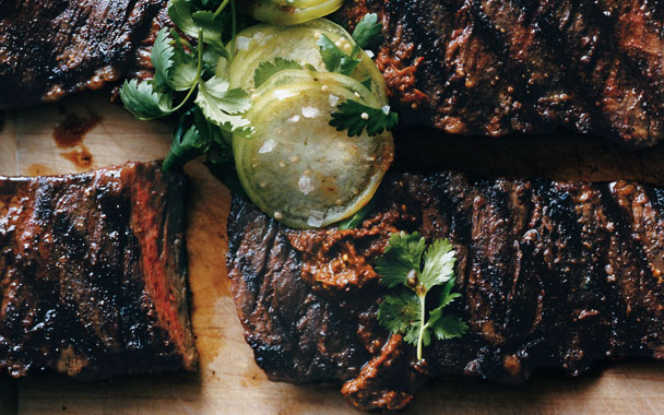 Grilled Skirt Steaks with Tomatillos Two Ways
