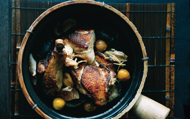 Braised Chicken with Smoked Ham, Chestnuts, and Ginger