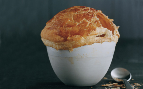 mushroom consomme with morels and pastry 