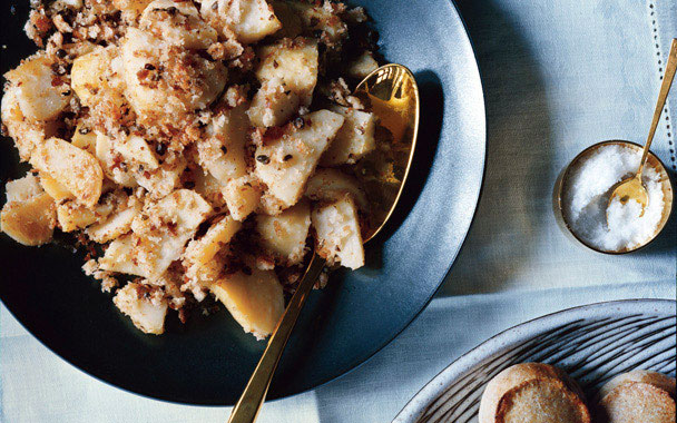 golden potatoes with caper brown-butter crumbs