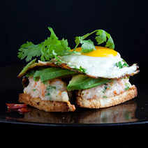 avocado + chili fried eggs on shrimp toast