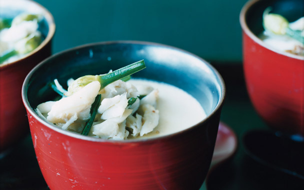 steamed egg custard with blue crab and flowering chives