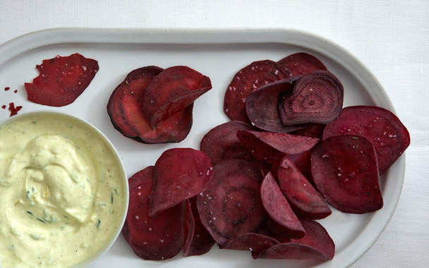 beet chips with curried sour cream 