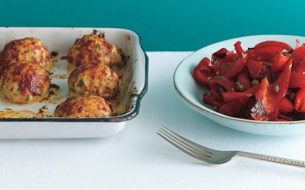 baked chicken meatballs with peperonata