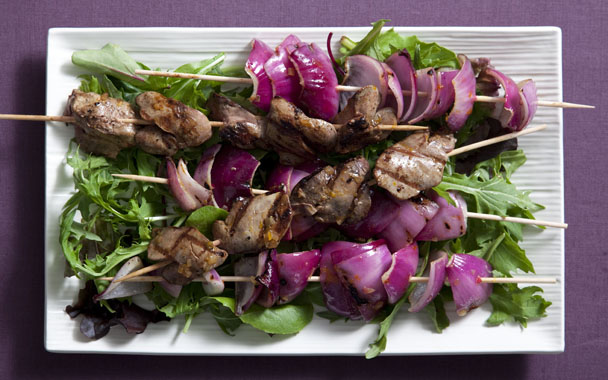 Vinegar-Glazed Grilled Chicken Livers and Onions