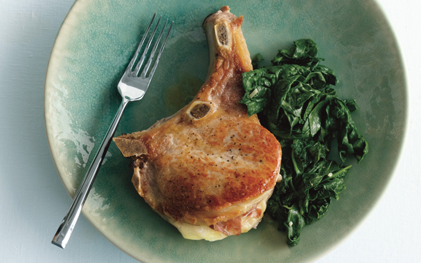 pork chops saltimbocca with sauteed spinach