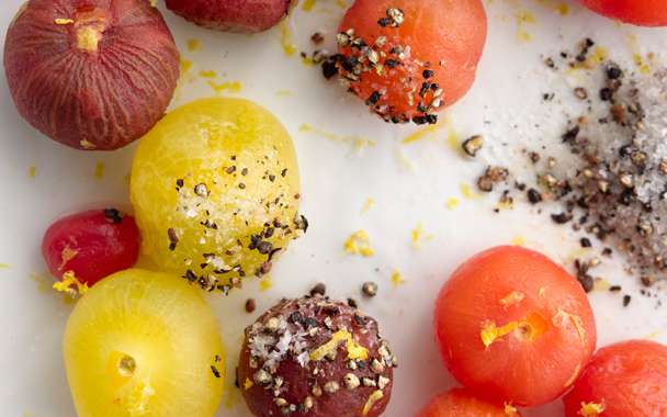 vodka-spiked cherry tomatoes with pepper salt